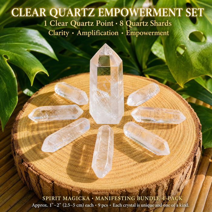 A clear quartz point with eight clear quartz shards fanned around it on a wooden slice