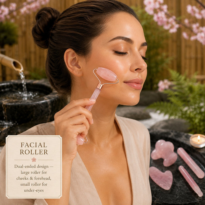 A woman gliding the rose quartz facial roller across her cheek with her eyes closed