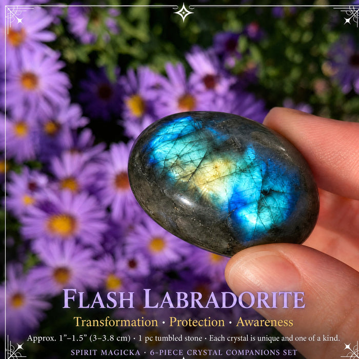A polished labradorite tumbled stone flashing blue and gold, held in fingertips