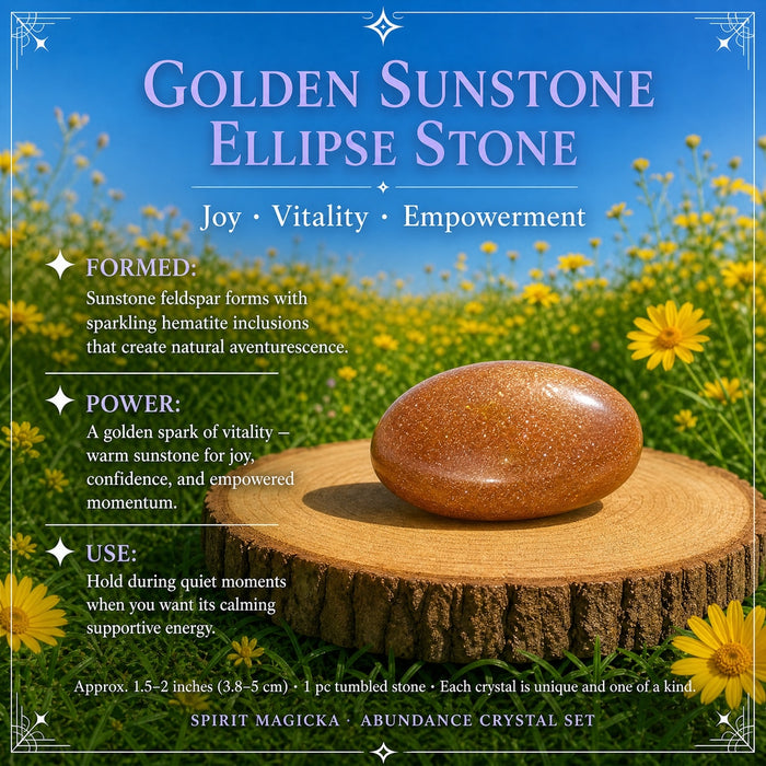 A smooth glittering golden sunstone ellipse stone on a wood slice in a meadow