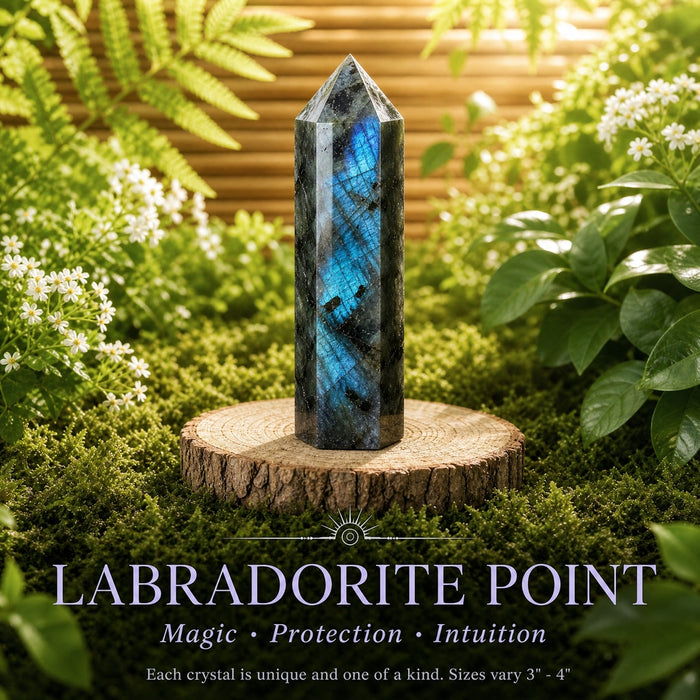 Labradorite point with blue flash across its faces