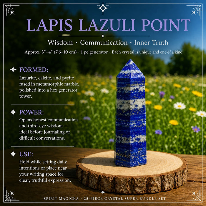 A deep blue lapis lazuli generator point with white and gold flecks