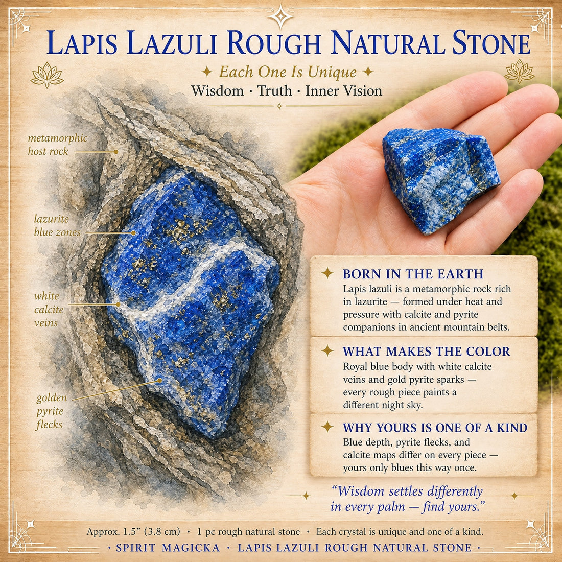 Illustrated guide to lapis lazuli showing blue lazurite, white calcite veins and golden pyrite flecks, beside a rough piece resting in an open palm