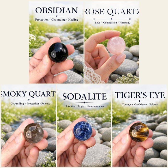 Obsidian, rose quartz, smoky quartz, sodalite and tiger’s eye mini spheres each held between finger and thumb