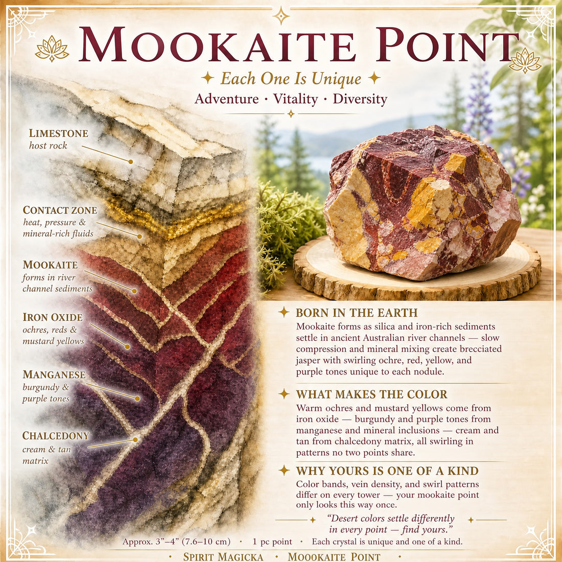 Illustrated guide to mookaite forming in ancient river-channel sediments, labelling iron oxide, manganese and chalcedony, beside a rough piece of mookaite
