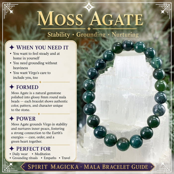 Deep green moss agate bead bracelet on a selenite tower