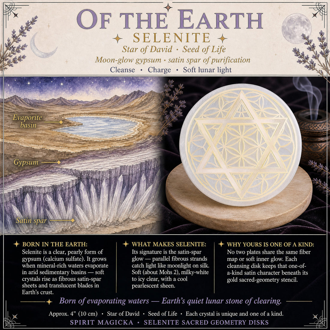 Illustration of selenite forming in an evaporating basin beside the Star of David selenite disk on a wooden stand