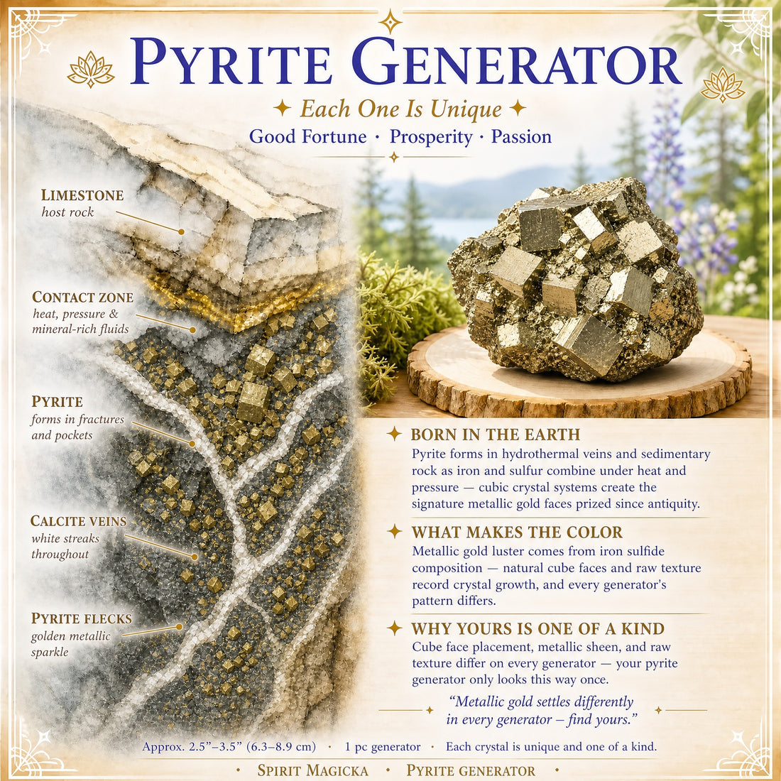 Illustration of golden pyrite cubes forming in veins of rock beside a raw pyrite cluster