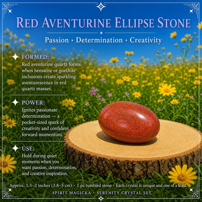 A polished red aventurine ellipse stone on a wood slice