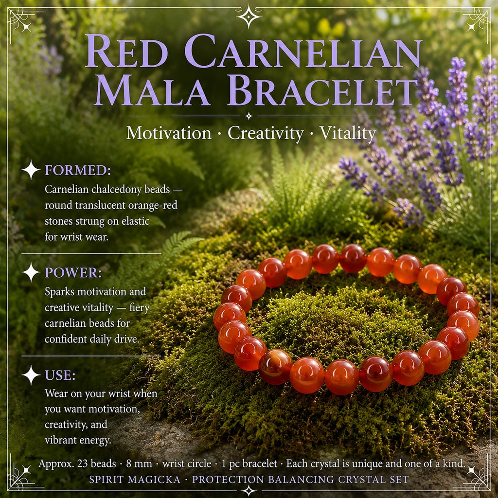 Red carnelian mala bracelet of round translucent orange-red beads laid in a circle on moss