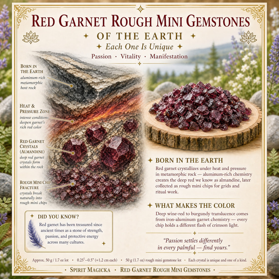 Illustration of red garnet crystals forming in layered rock under heat and pressure, beside a pile of rough garnet chips on a wood slice