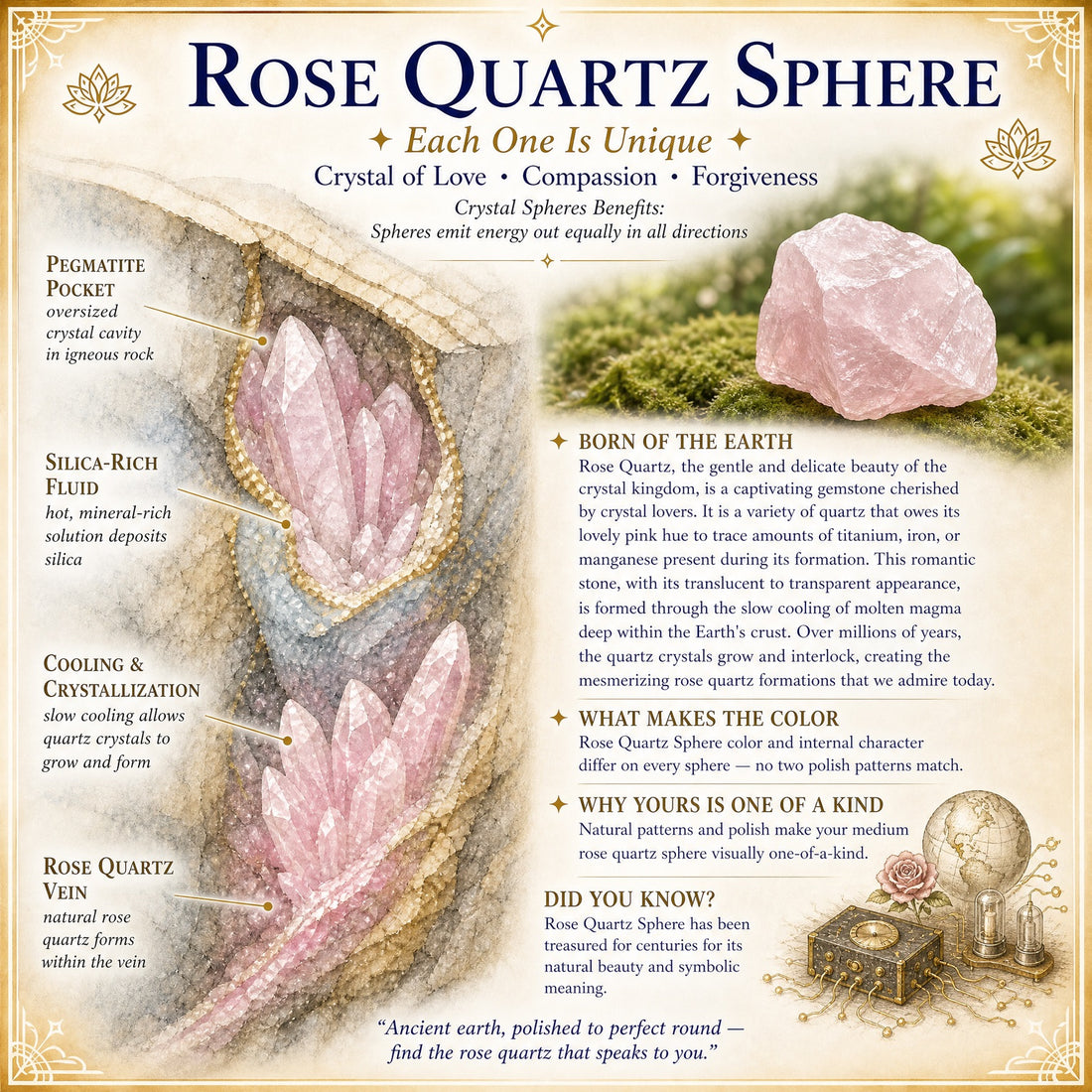Illustration of rose quartz crystals forming in a vein of rock, beside a rough piece of rose quartz on moss
