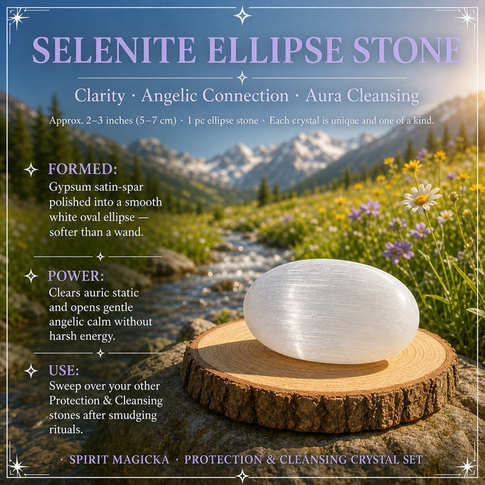 Smooth white selenite ellipse stone on a wood slice