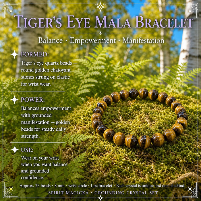 A tiger’s eye bead mala bracelet on moss