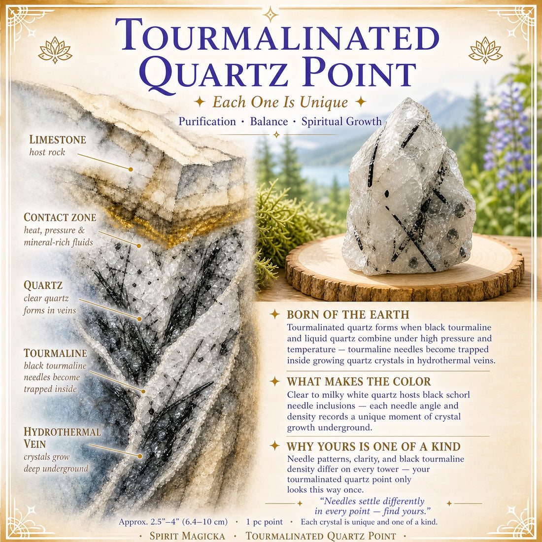 Illustration of black tourmaline needles growing inside quartz veins deep underground, beside a rough piece of tourmalinated quartz