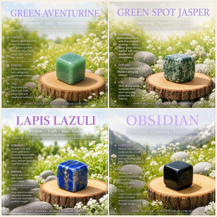 Green aventurine, green spot jasper, lapis lazuli and obsidian tumbled cubes on wooden rounds