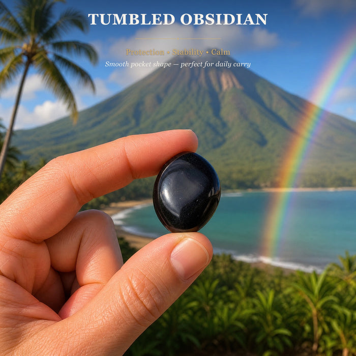 A smooth tumbled obsidian stone held between finger and thumb