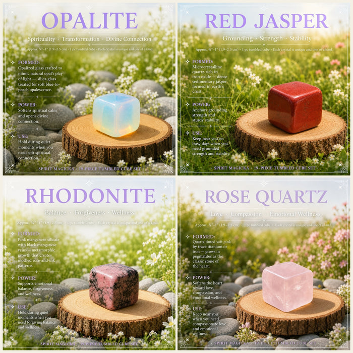 Opalite, red jasper, rhodonite and rose quartz tumbled cubes on wooden rounds