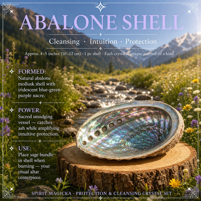 Abalone shell with iridescent blue, green and purple lining on a wood slice