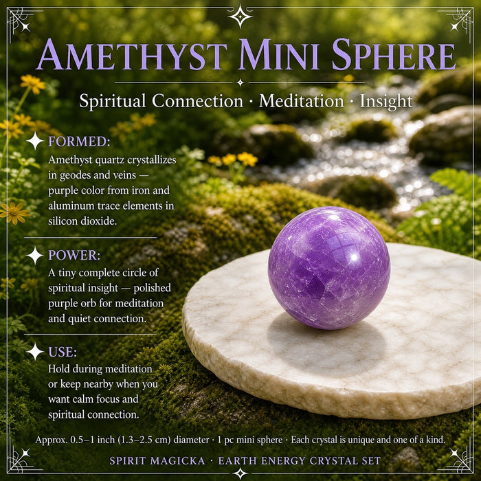 Small polished purple amethyst sphere on a marble round