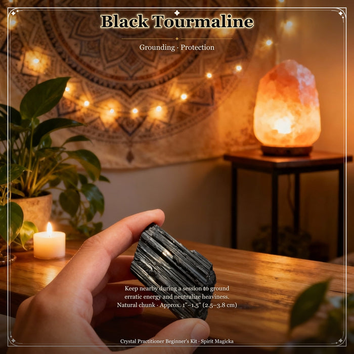 Small black tourmaline chunk with ridged, striated sides held in a hand