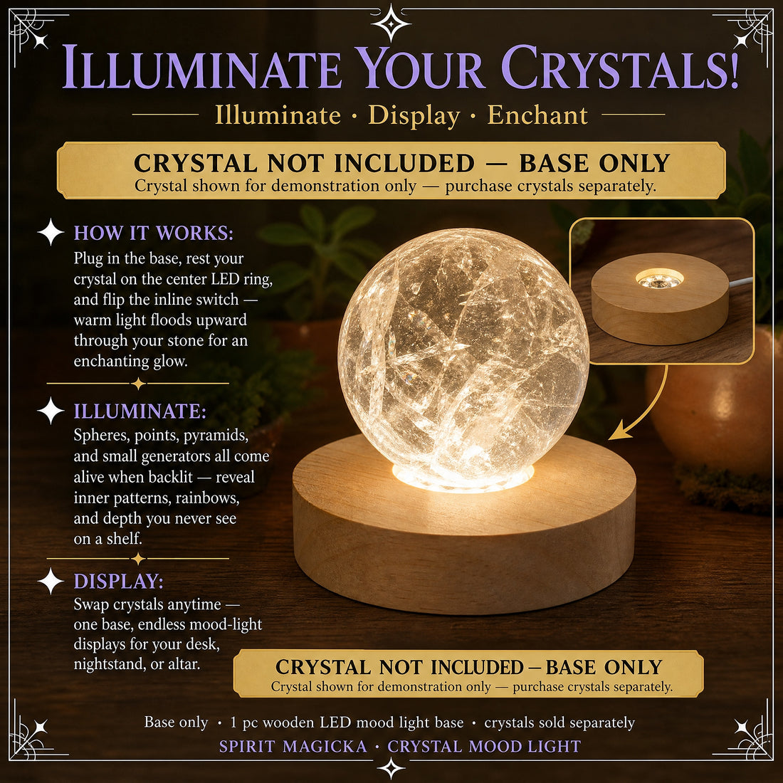 A clear quartz sphere glowing warm white on the round wooden light base