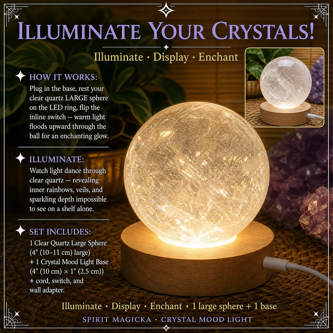 Large clear quartz sphere glowing warm gold on its lit wooden base in a dim room beside amethyst