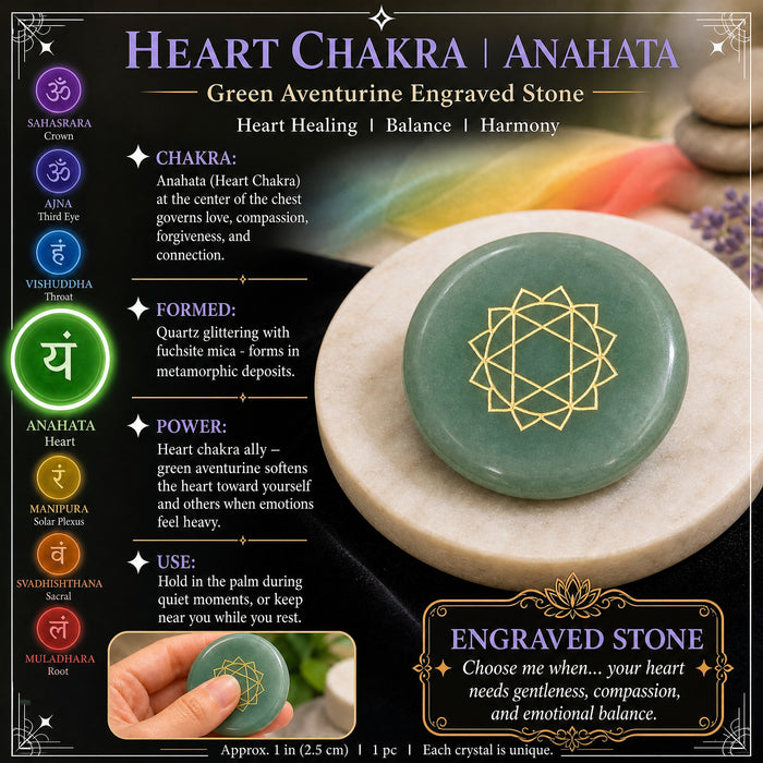 Soft green aventurine pancake stone engraved with the gold heart chakra symbol
