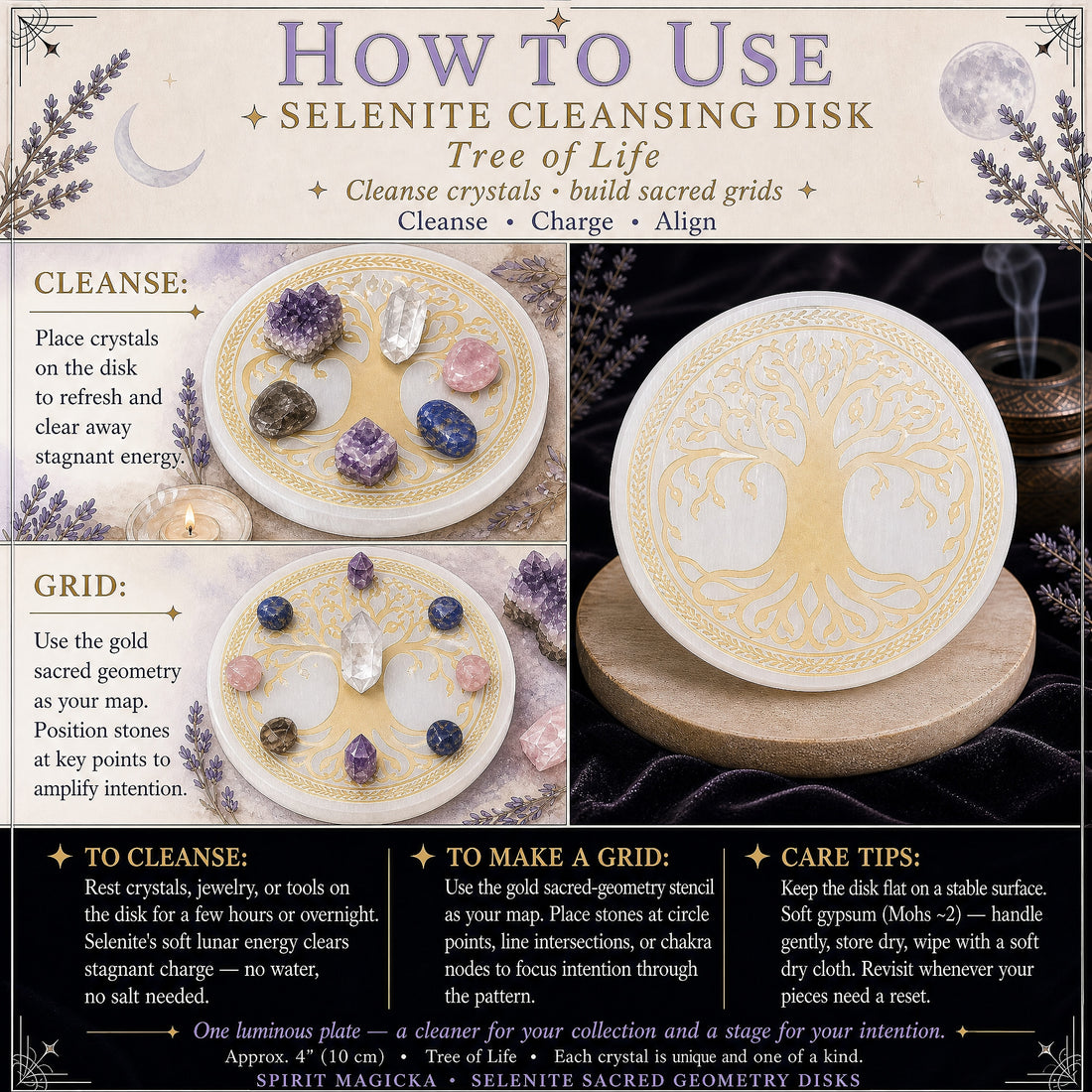 The Tree of Life selenite disk in use: tumbled stones and points resting on it to cleanse, and crystals set out across the gold design as a grid