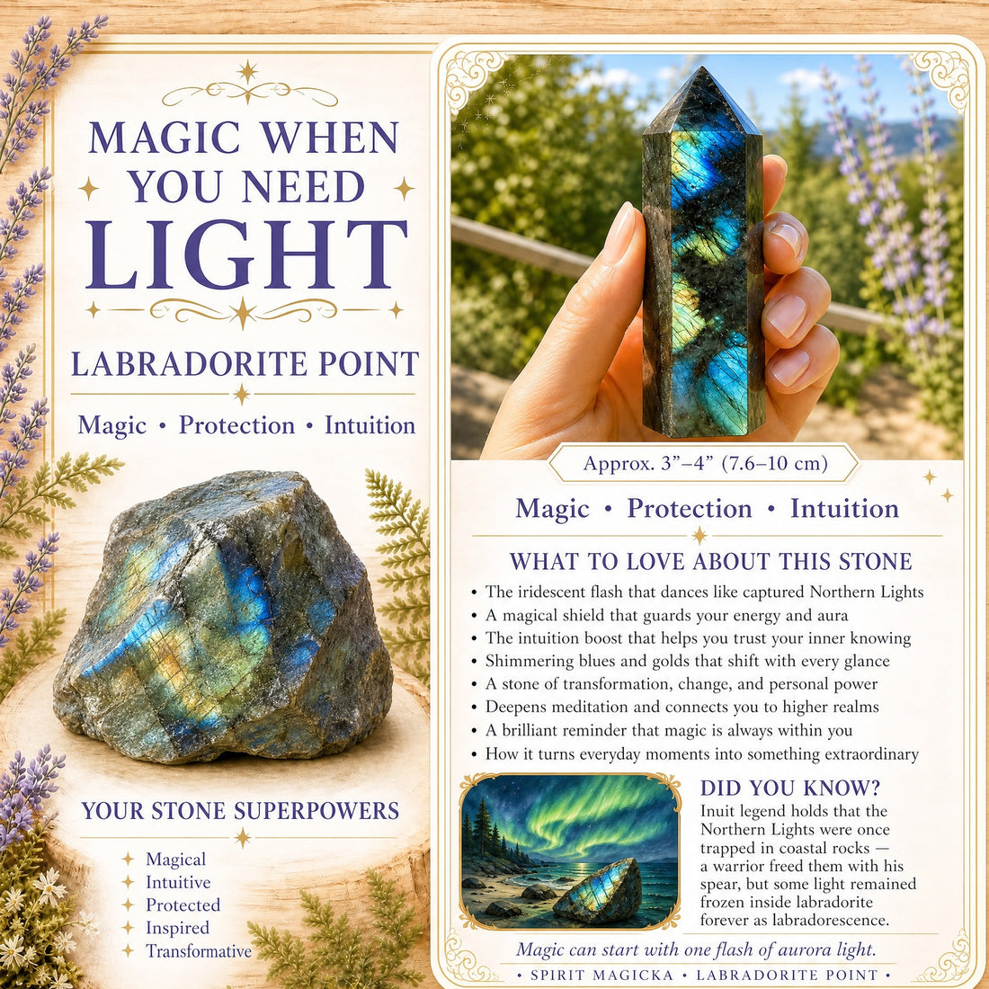 A labradorite point held upright between the fingers outdoors, its flat faces flashing blue and gold