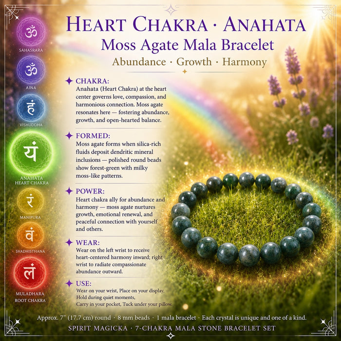 Moss Agate mala bracelet on grass for the Heart Chakra