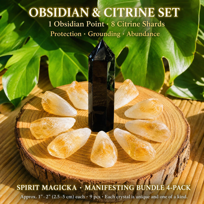 A glossy black obsidian point surrounded by golden citrine shards on a wooden slice