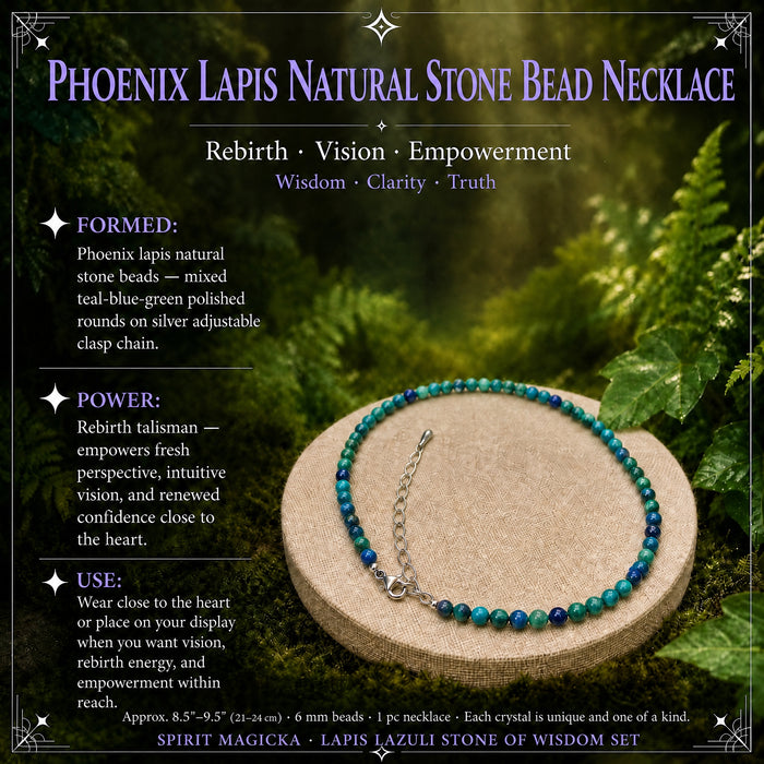 Teal and blue phoenix lapis bead necklace with a silver extender chain and clasp on a linen stand
