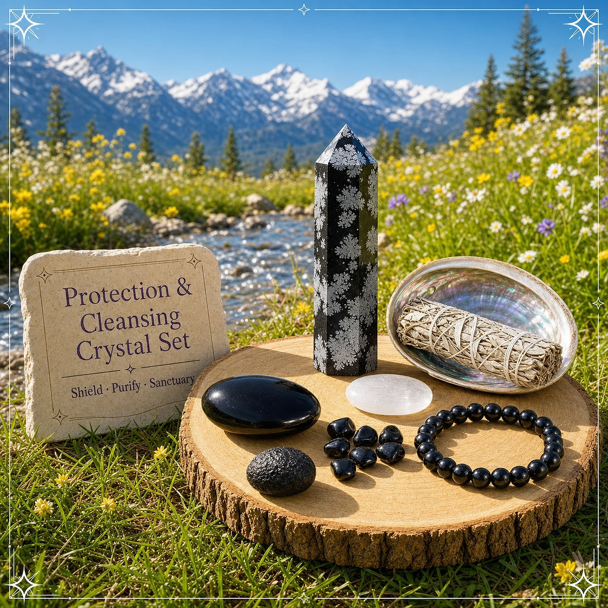 Ensemble de bavures Cristaux de protection + Sauge + Coquille d'ormeau