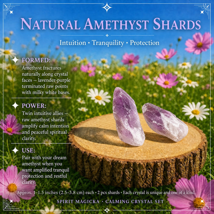 Two raw lavender amethyst shards with milky white bases on a wood round