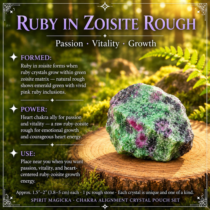 A rough green ruby in zoisite stone with pink ruby patches on a wood round