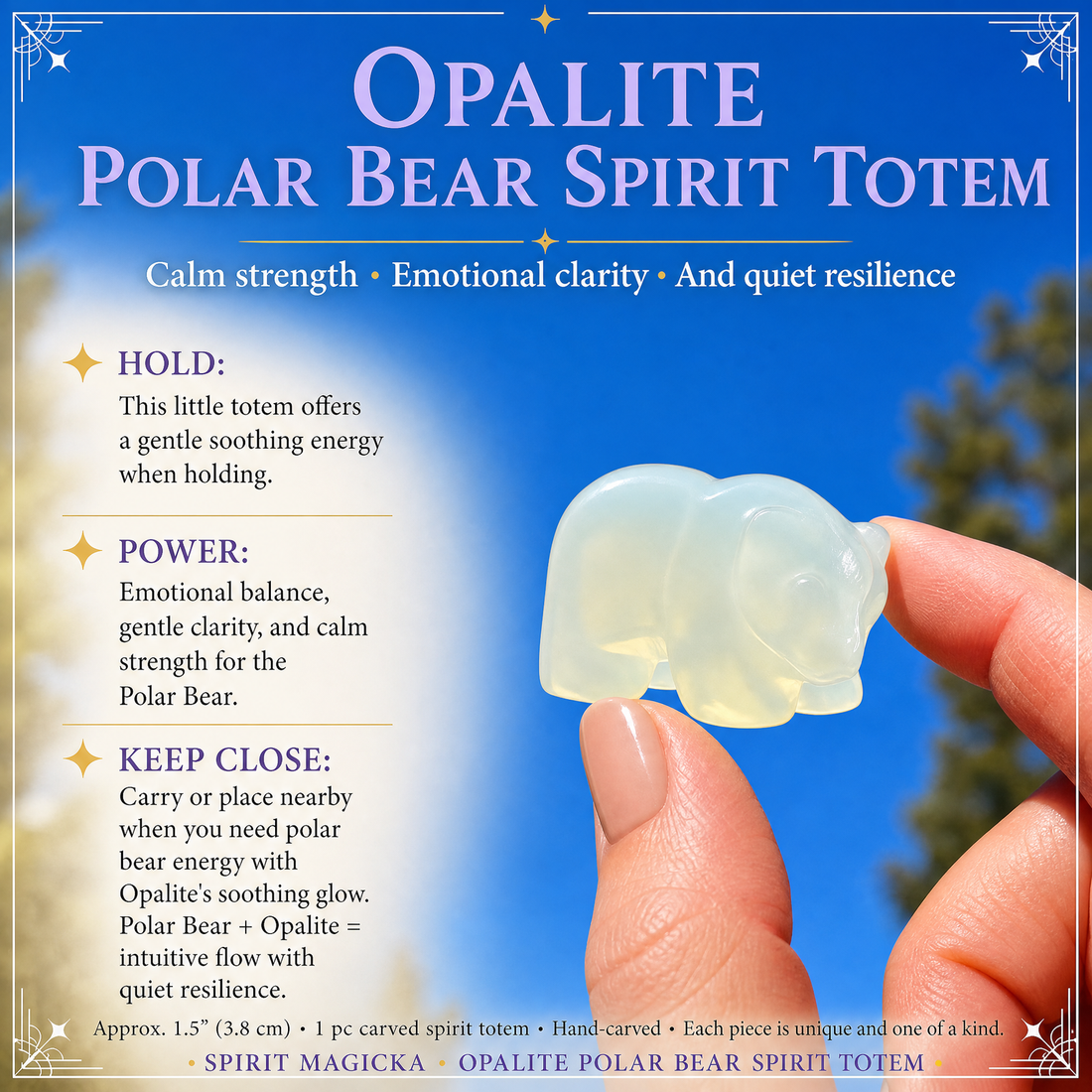 A small milky opalite polar bear held between fingertips against a blue sky