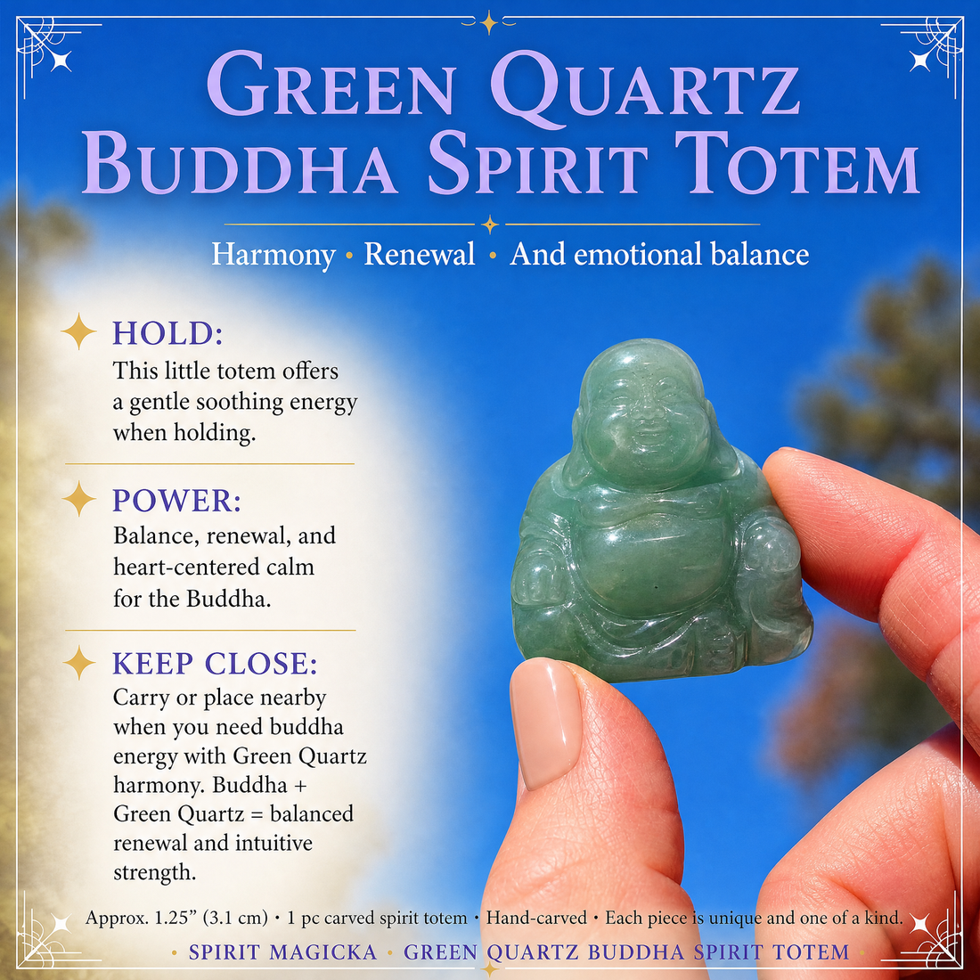 A small smiling green quartz Buddha held between thumb and fingertip against a blue sky