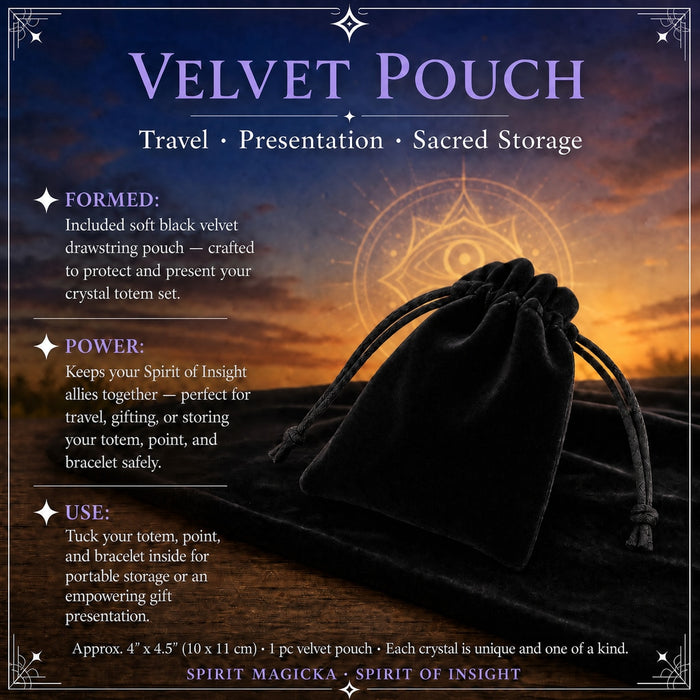 A black velvet drawstring pouch with braided cords against a sunset sky