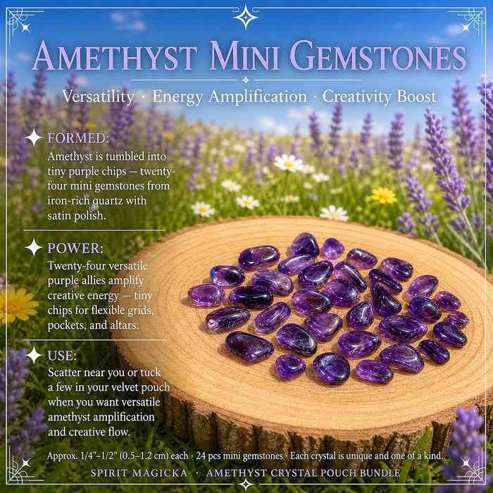 Twenty-four small tumbled amethyst gemstones spread on a wood round