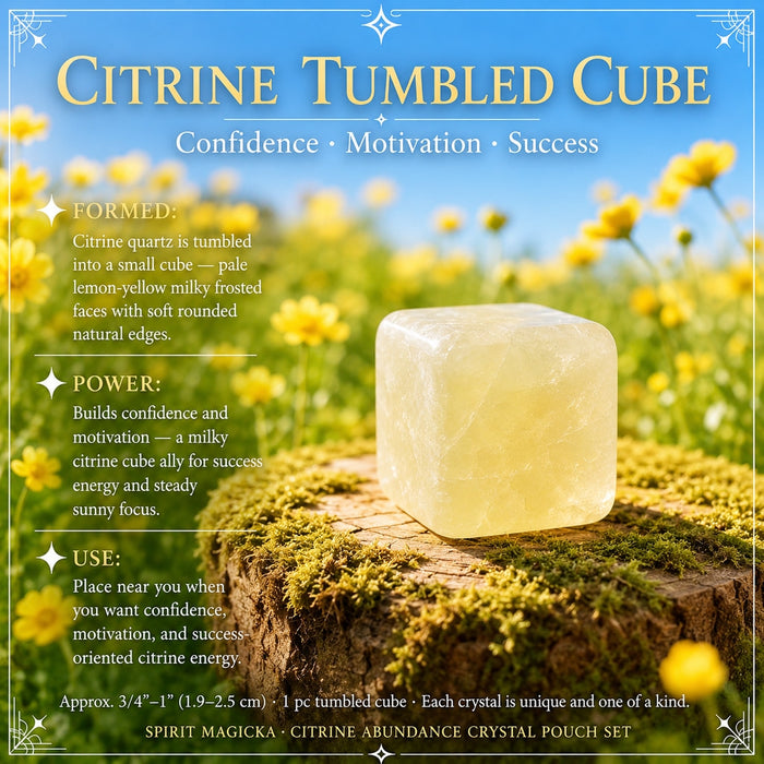 A pale lemon citrine tumbled cube with soft rounded edges on a mossy stump
