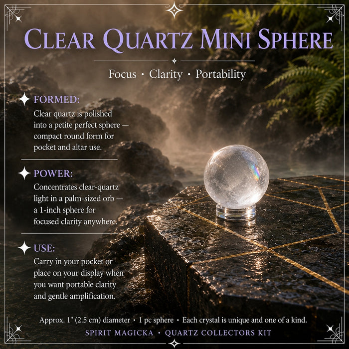 A small clear quartz sphere on a small stand with a rainbow inside