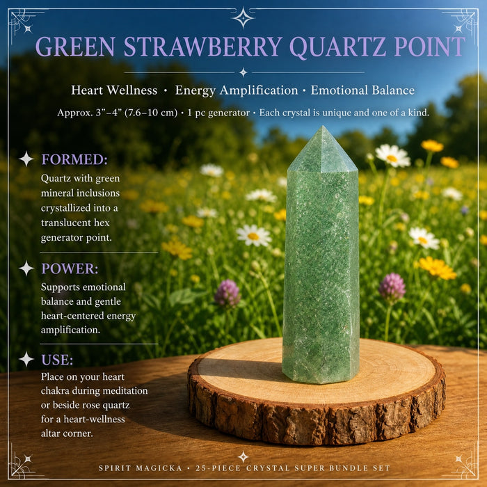 A soft green strawberry quartz generator point with glittering inclusions