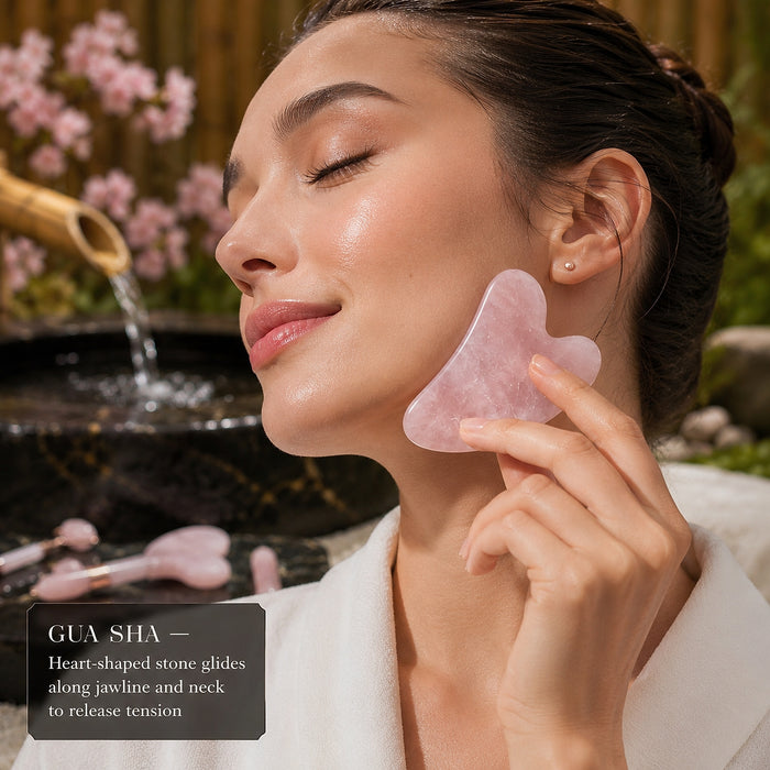 A woman sweeping the heart-shaped rose quartz gua sha along her jawline