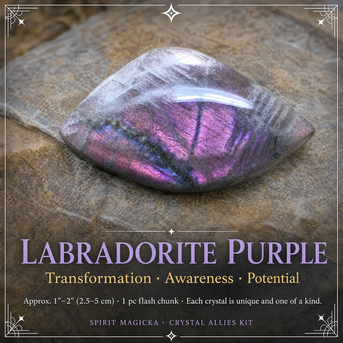 A polished purple labradorite with violet and blue flash resting on a stone