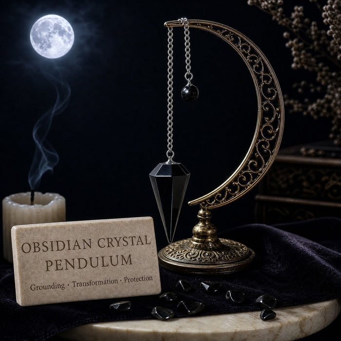 Black obsidian pendulum on a silver chain hanging from a crescent moon stand