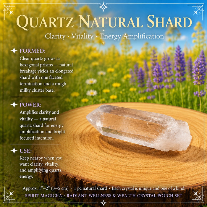 A clear quartz shard with one faceted tip and a milky base on a wooden slice