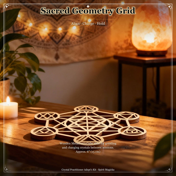 Wooden sacred geometry grid on a table