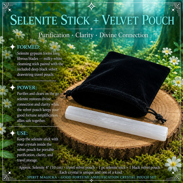 White selenite stick beside a black velvet drawstring pouch