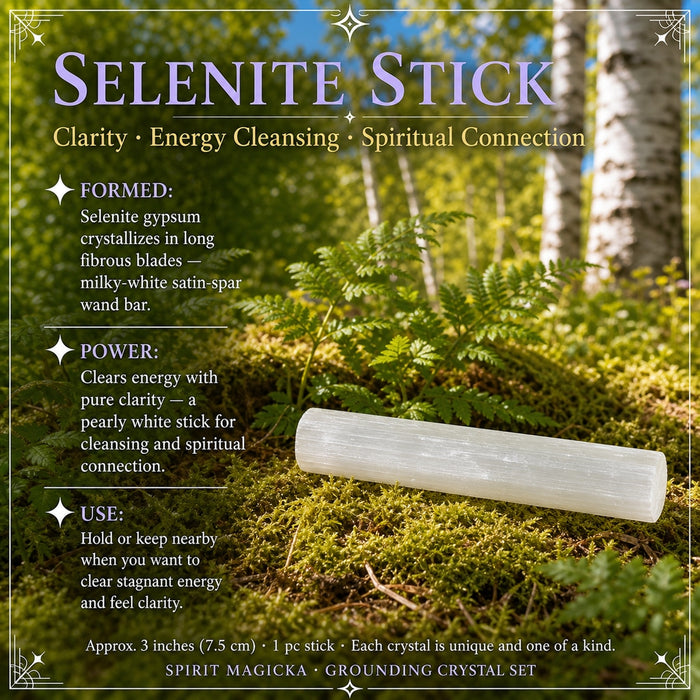 A milky white selenite stick on moss
